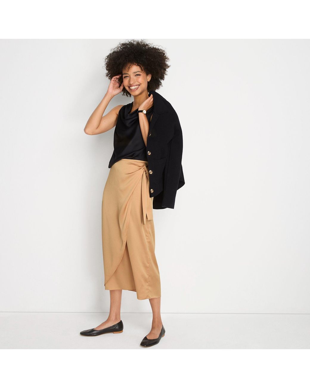 Lands' End Black Petite Satin Wrap Midi Skirt