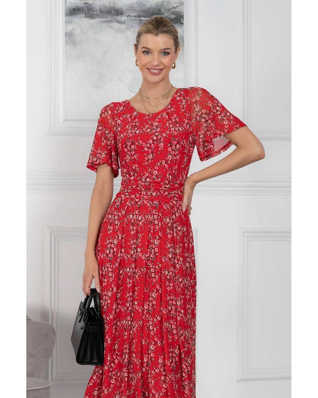 Jolie Moi Red Julita Print Mesh Maxi Dress