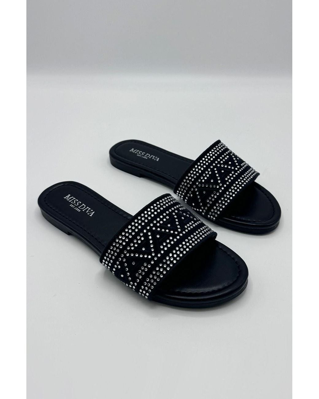 Miss Diva Blue Kree Diamante Patterned Sliders