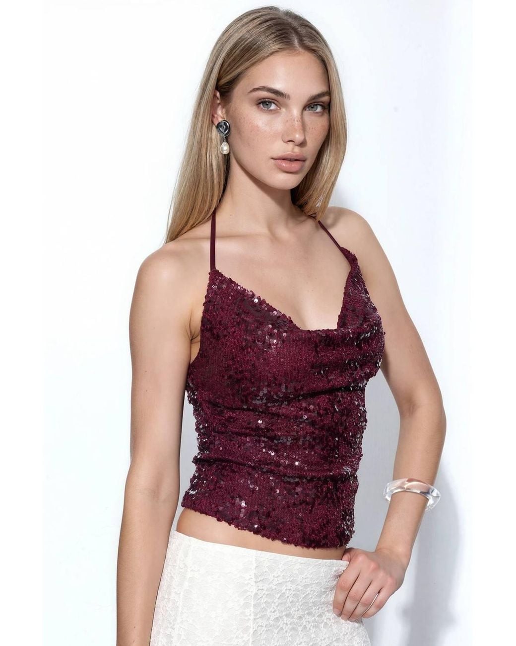 Busem Purple Sequin Halterneck Crop Blouse