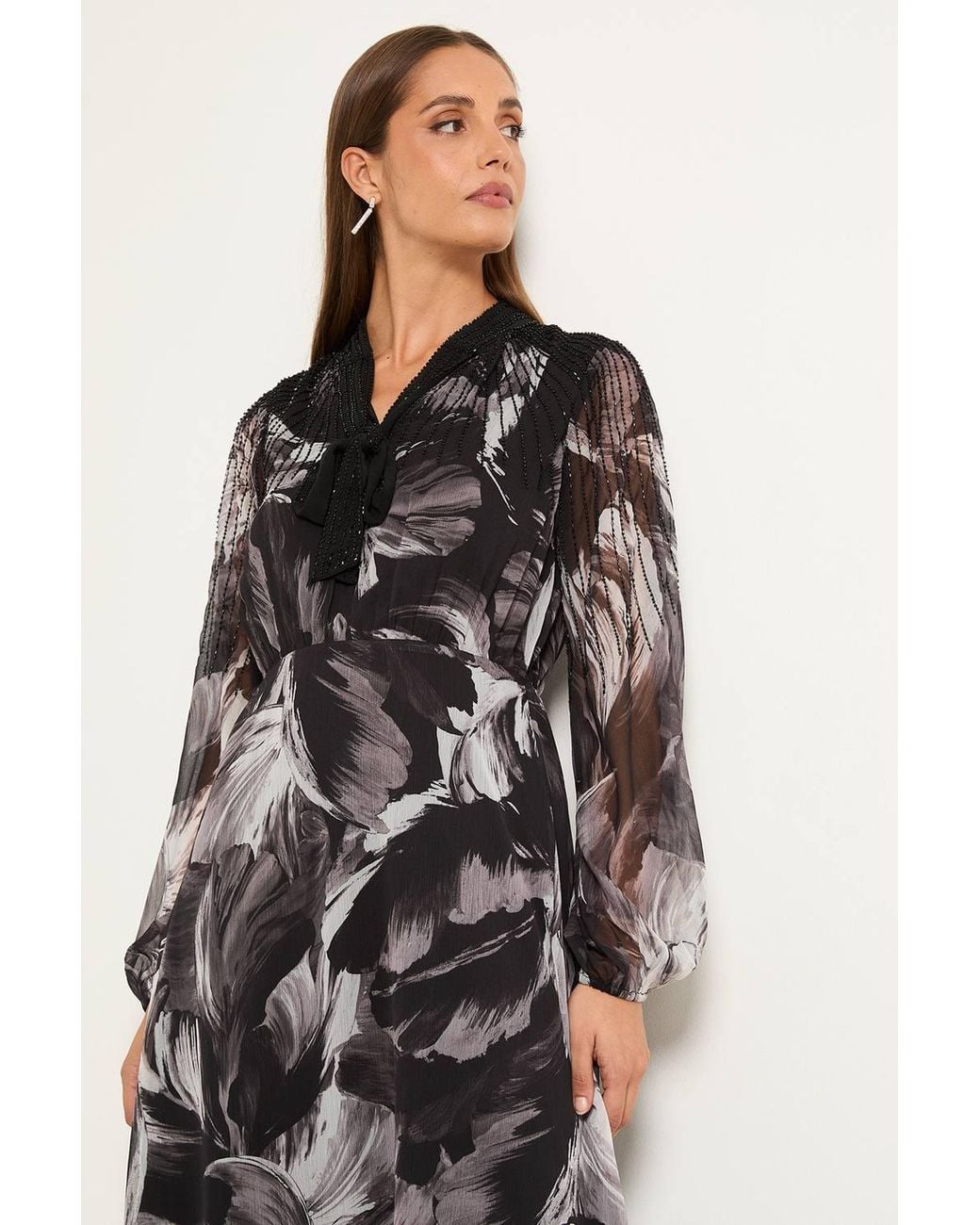 Wallis Black Feather Embellished Tie Neck Midi Dress
