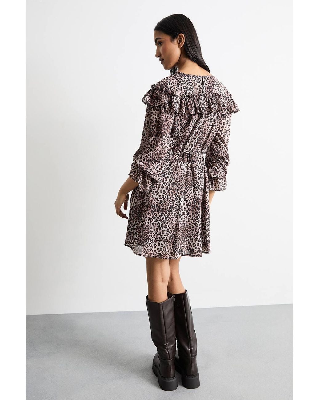 Warehouse Multicolor Printed Ruffle Shoulder Detail V Neck Boho Mini Dress