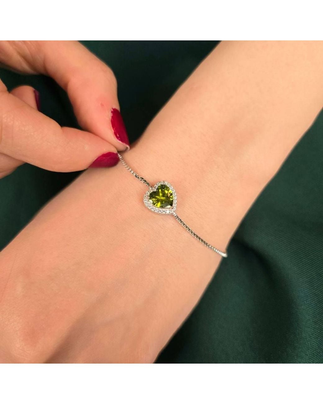 Harfi Metallic Peridot August Birthstone Love Heart Charm Sterling Bracelet
