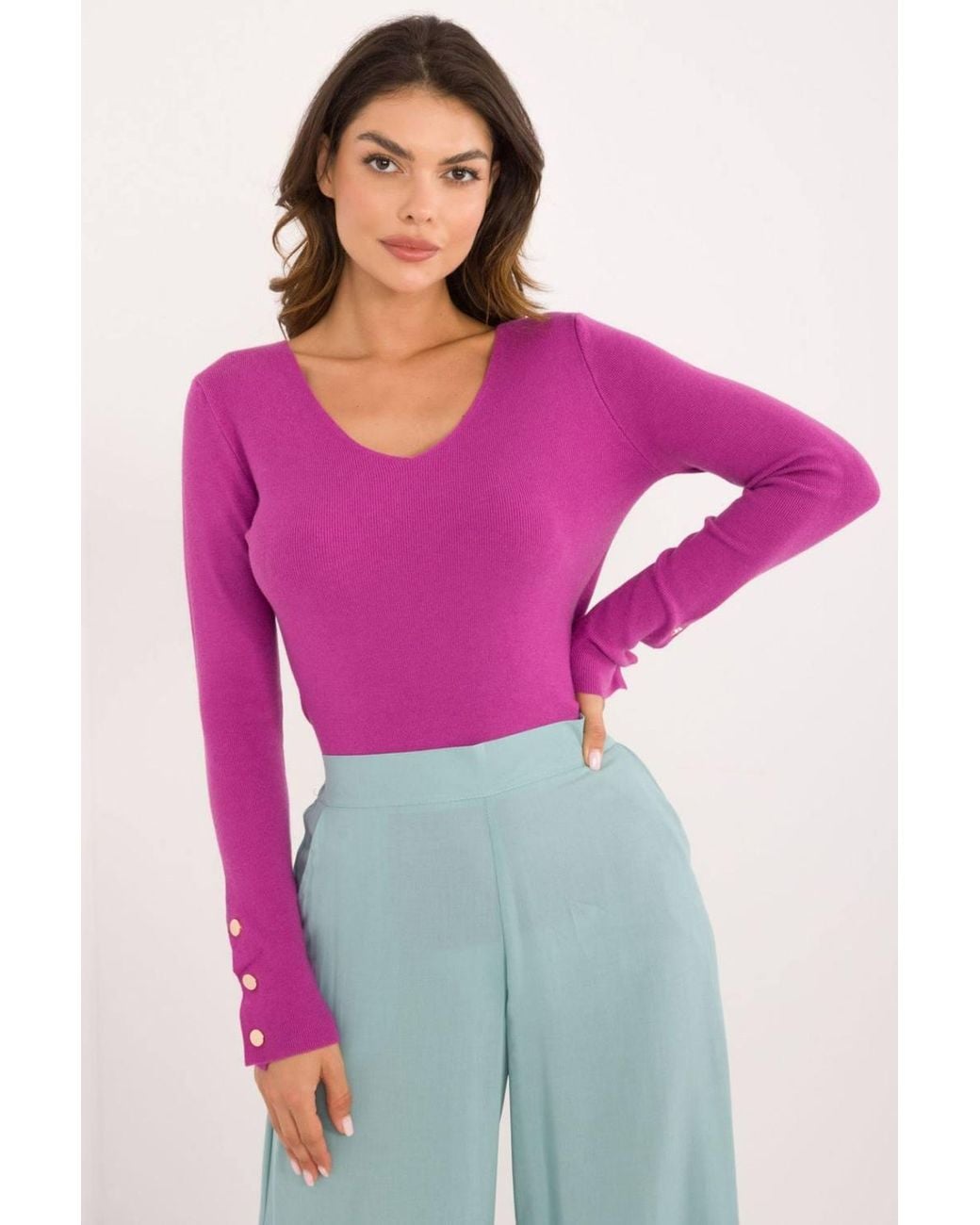 Love Lace Purple V Neck Button Cuff Casual Sweater
