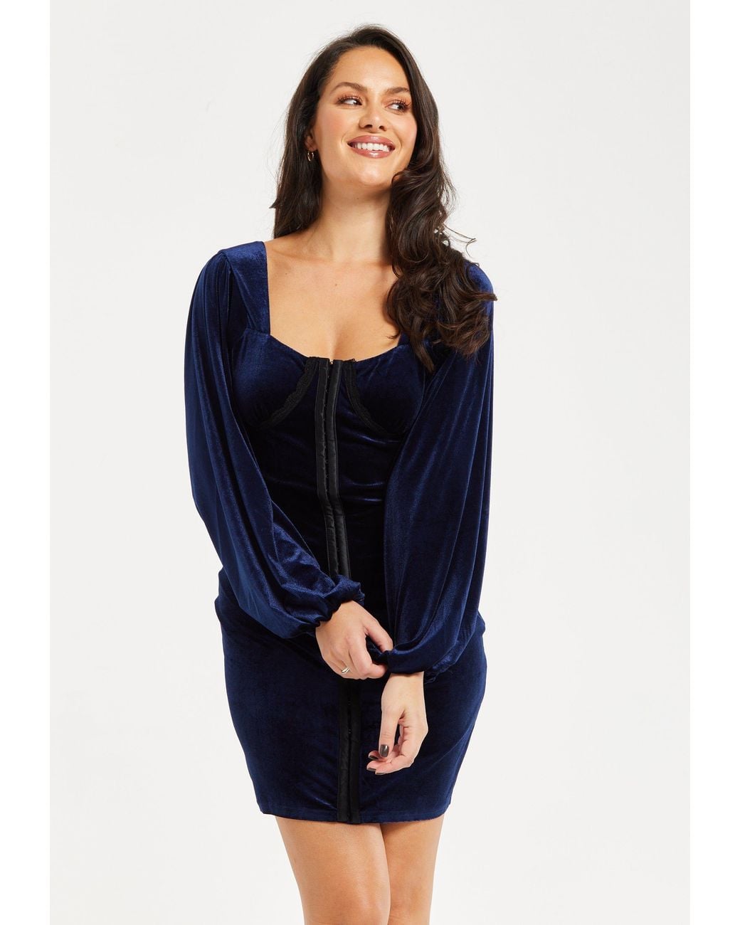 Liquorish Blue Corset Detail Mini Velvet Dress