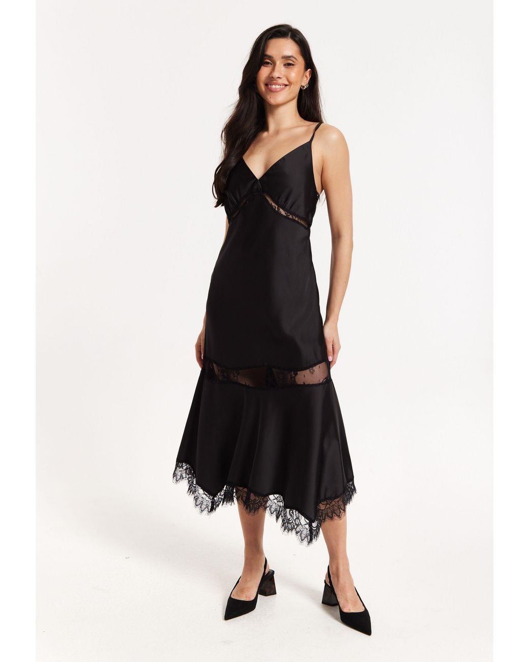 Liquorish Black Satin Lace Midi Slip Dress