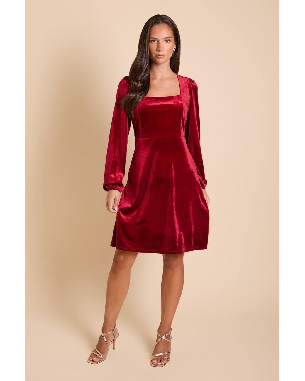 Dorothy Perkins Red Square Neck Blouson Sleeve Velvet Mini Dress