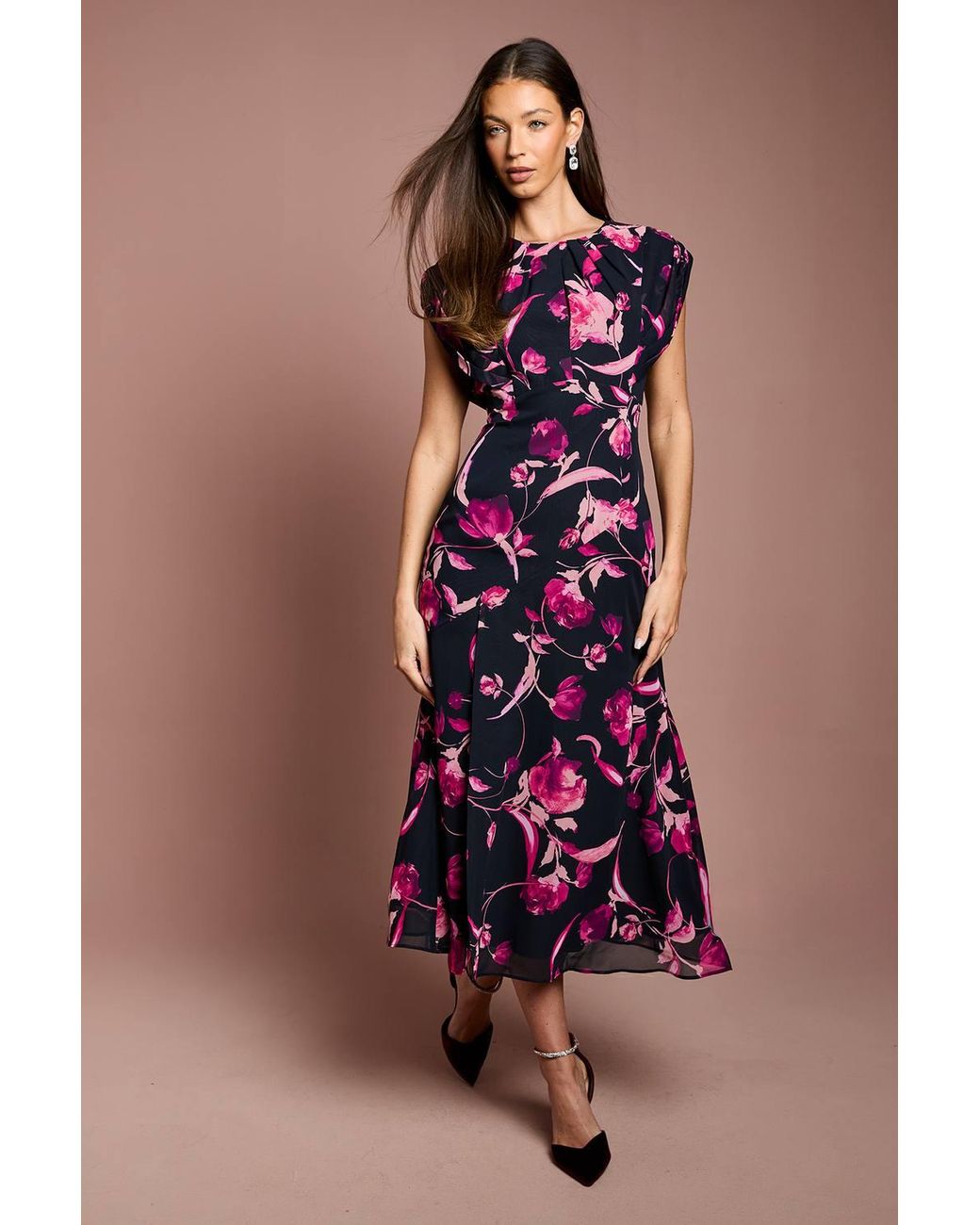 Coast Blue Cap Sleeve Floral Chiffon Midi Dress