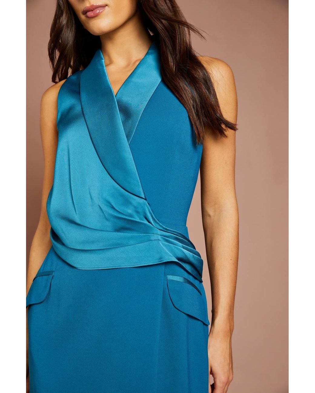 Coast Blue Sleeveless Crepe Satin Wrap Midi Dress