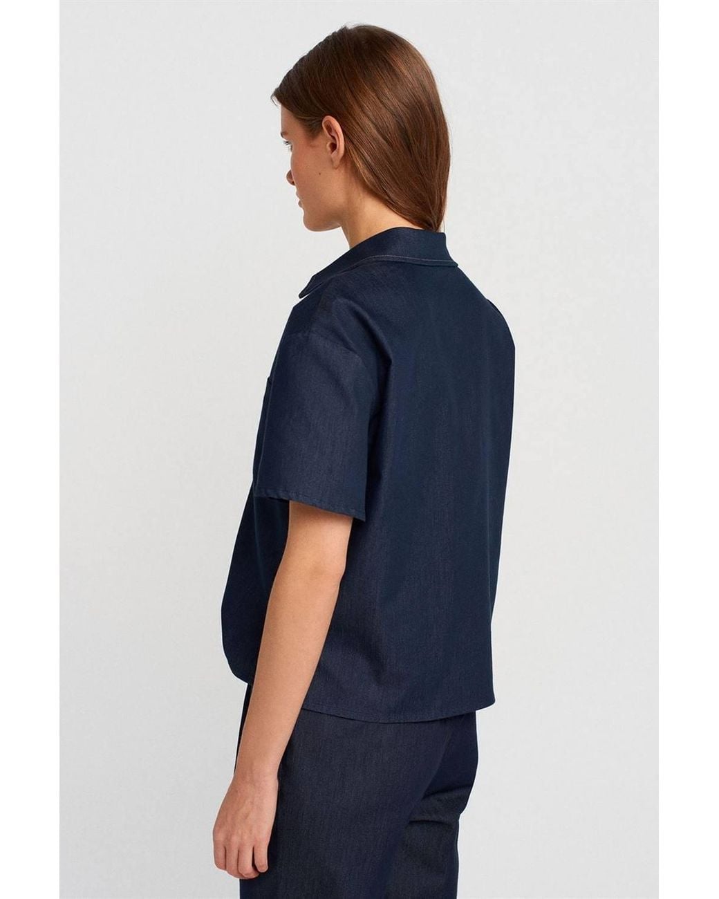 Dilvin Blue Linen Blend Short-Sleeve Button Shirt