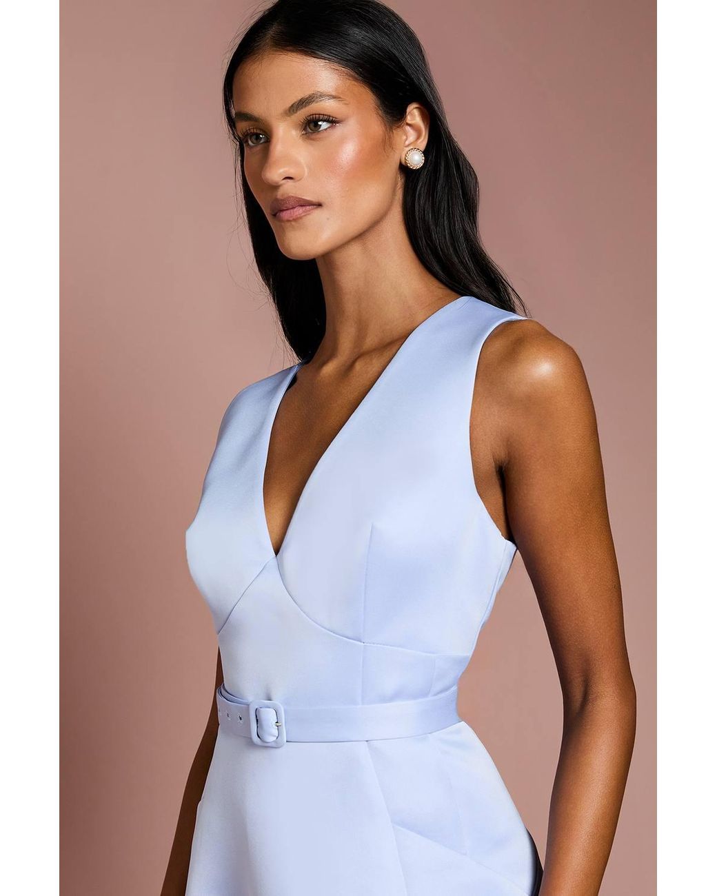 Coast Blue Petite V Neck Structured Satin Belted Midi Dress