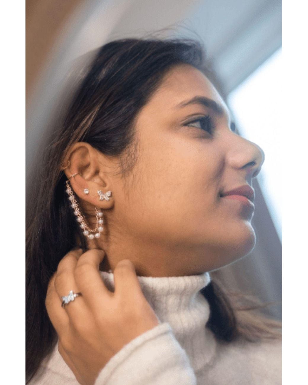 The Colourful Aura Brown Long Butterfly Tassel Pearl Ear Cuffs Chain