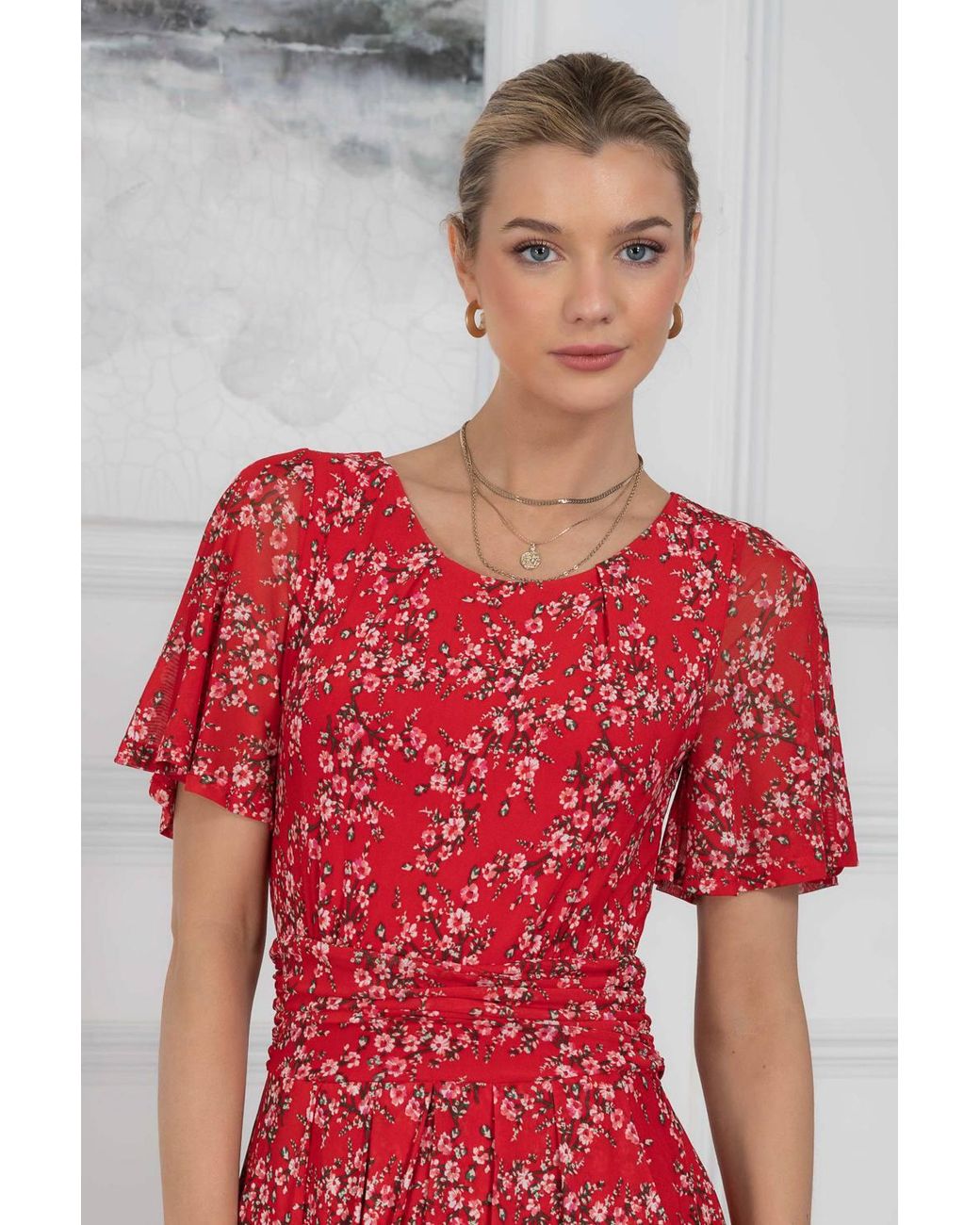 Jolie Moi Red Julita Print Mesh Maxi Dress