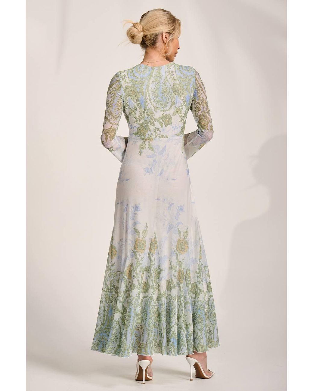 Jolie Moi Natural Long Sleeve Godet Mesh Maxi Dress