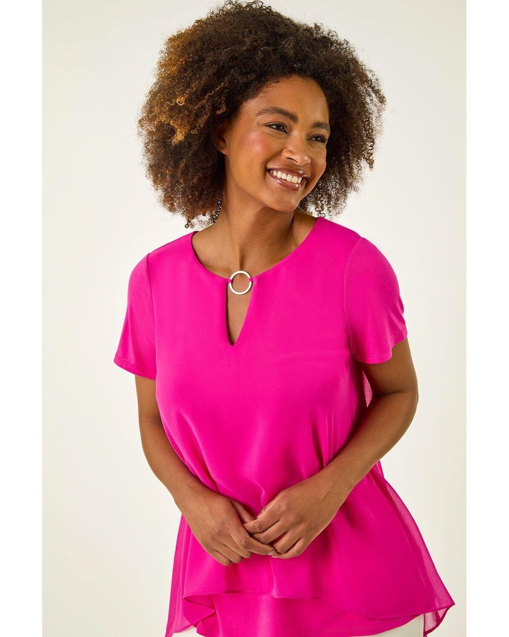 Roman Pink Ring Front Chiffon Overlay Top
