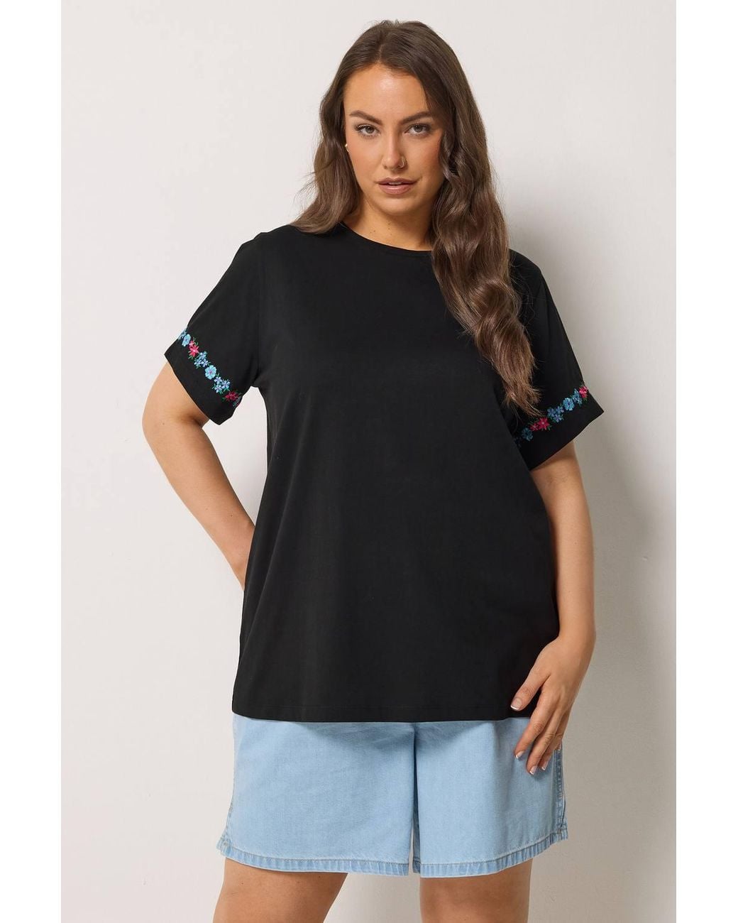 Yours Black Embroidered Floral Sleeve Detail T-Shirt
