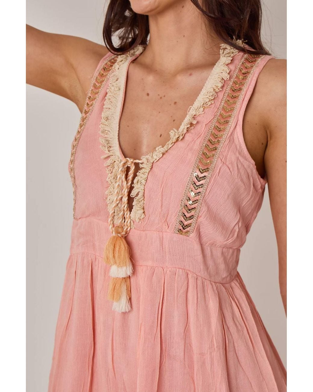 ELAINA FASHION Pink Boho Tiered Tassel Detail Dress