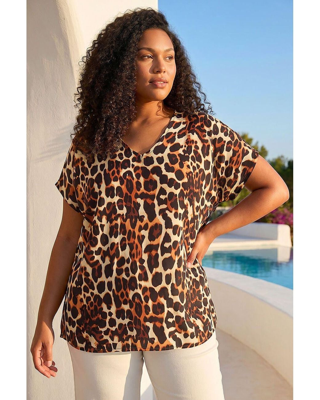 Roman Brown Curve Animal Print Woven Top