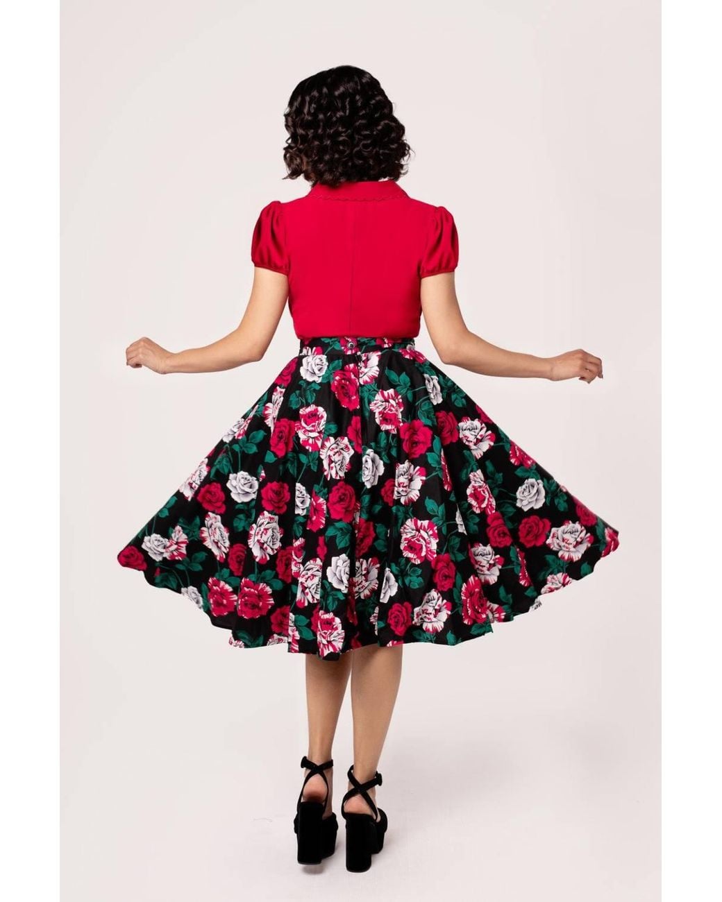 Hell Bunny Red Paint Me Roses Midi Skirt