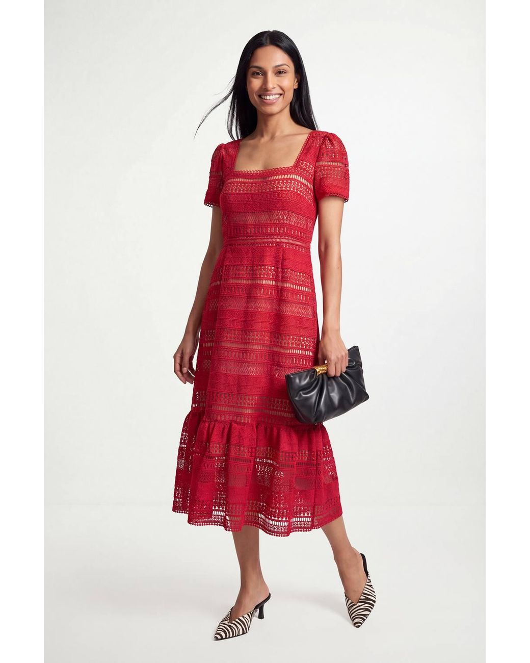 Wallis Red Petite Lace Fit & Flare Midi Dress