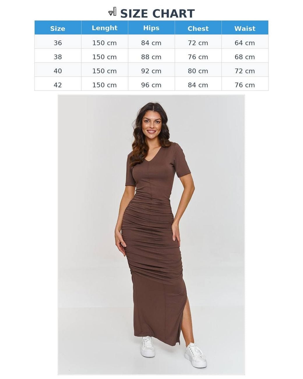 KDMD Brown Maxi Ruched Side Slit V Neck Elastic Dress