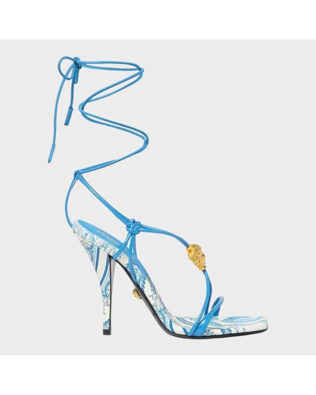 Versace Blue Medusa Barocco Square Toe Heeled Sandals