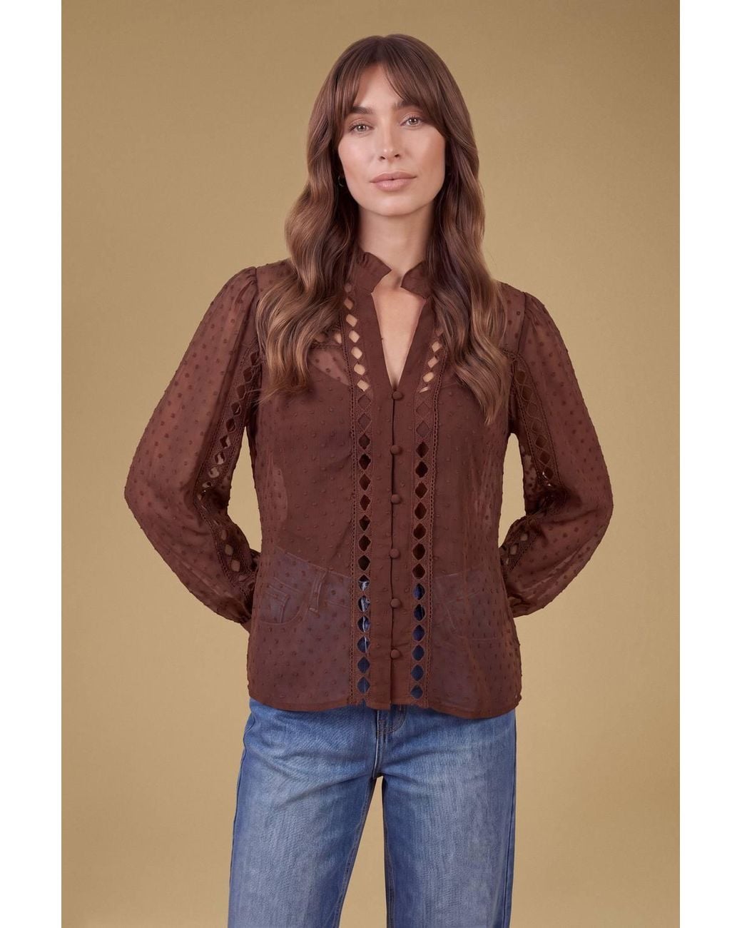 Oasis Blue Dobby Chiffon Trim Detail Button Down Blouse