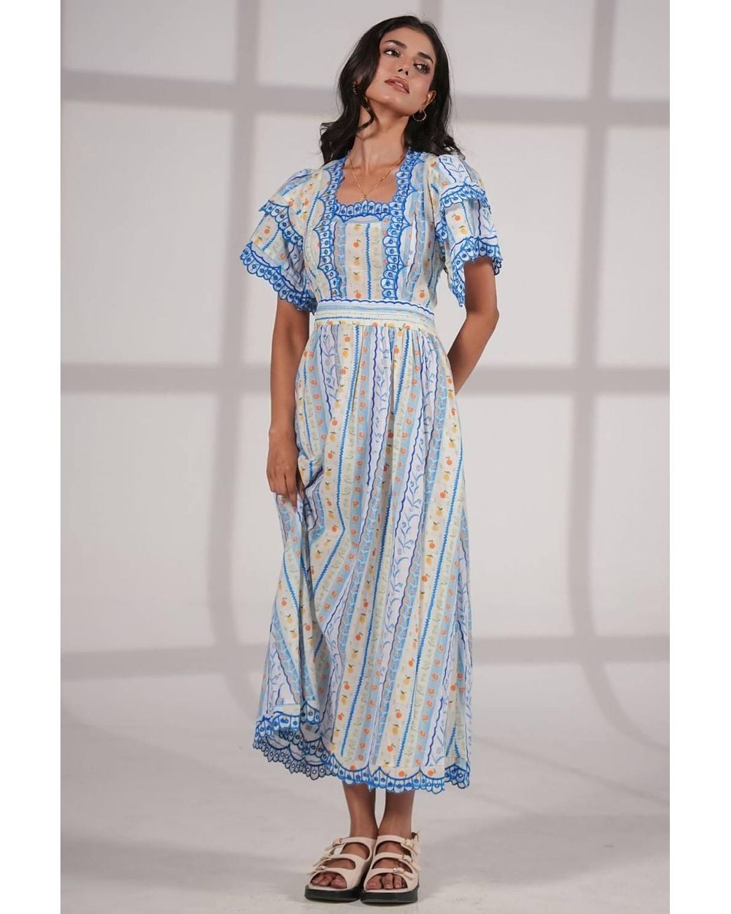 Rose & Nancy Blue Bella--An--Ditsy-Print-Embroidered-Midi-Dress