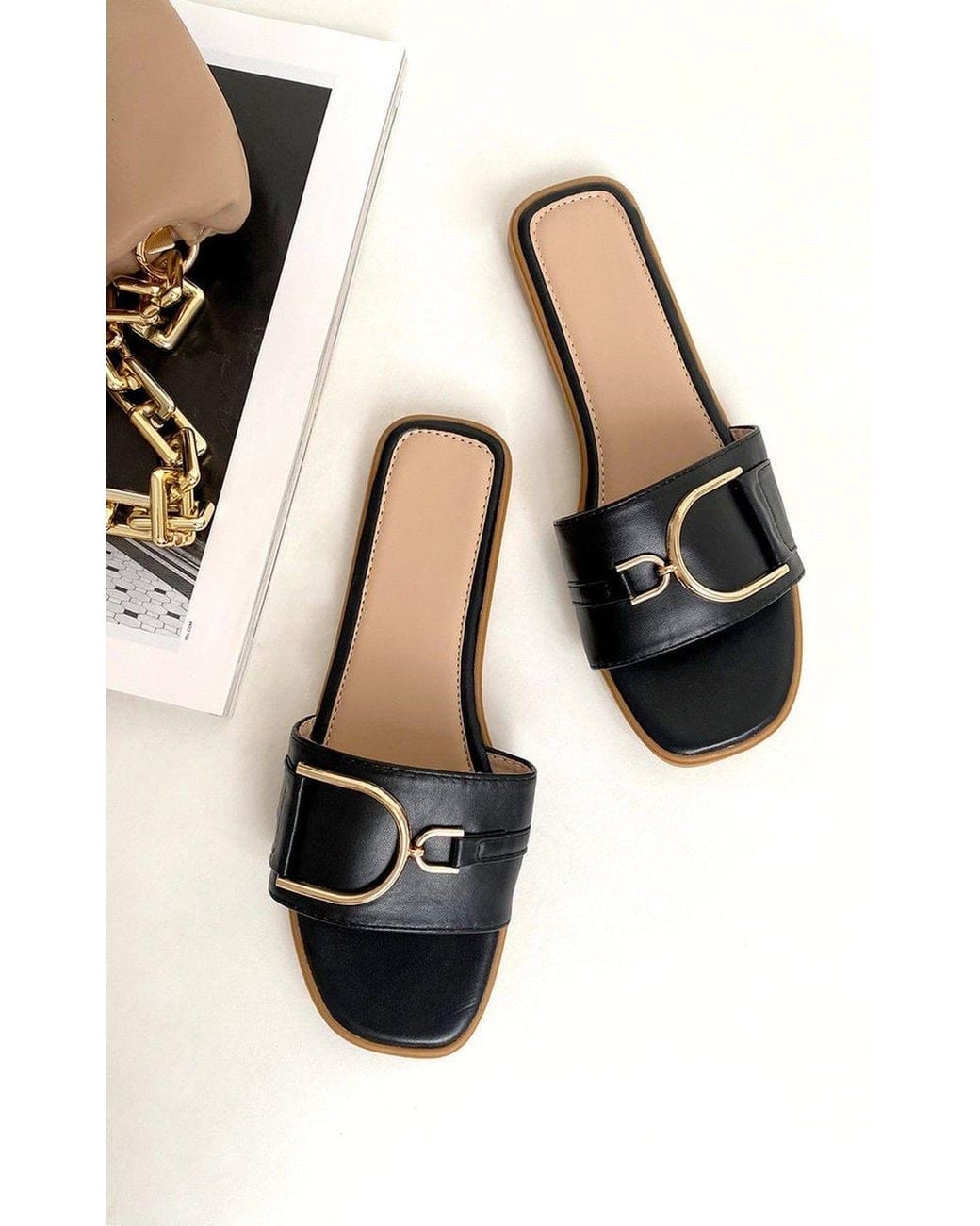 IKRUSH Black Ashleigh Detail Sliders With Faux Leather Upper