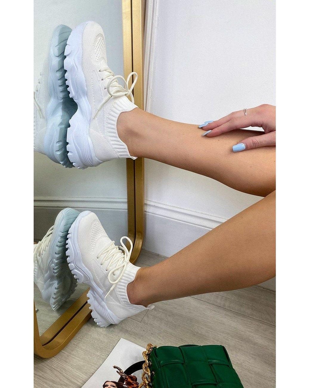 IKRUSH White Ava Lace Up Sock Trainer With Chunky Sole & Knit Upper