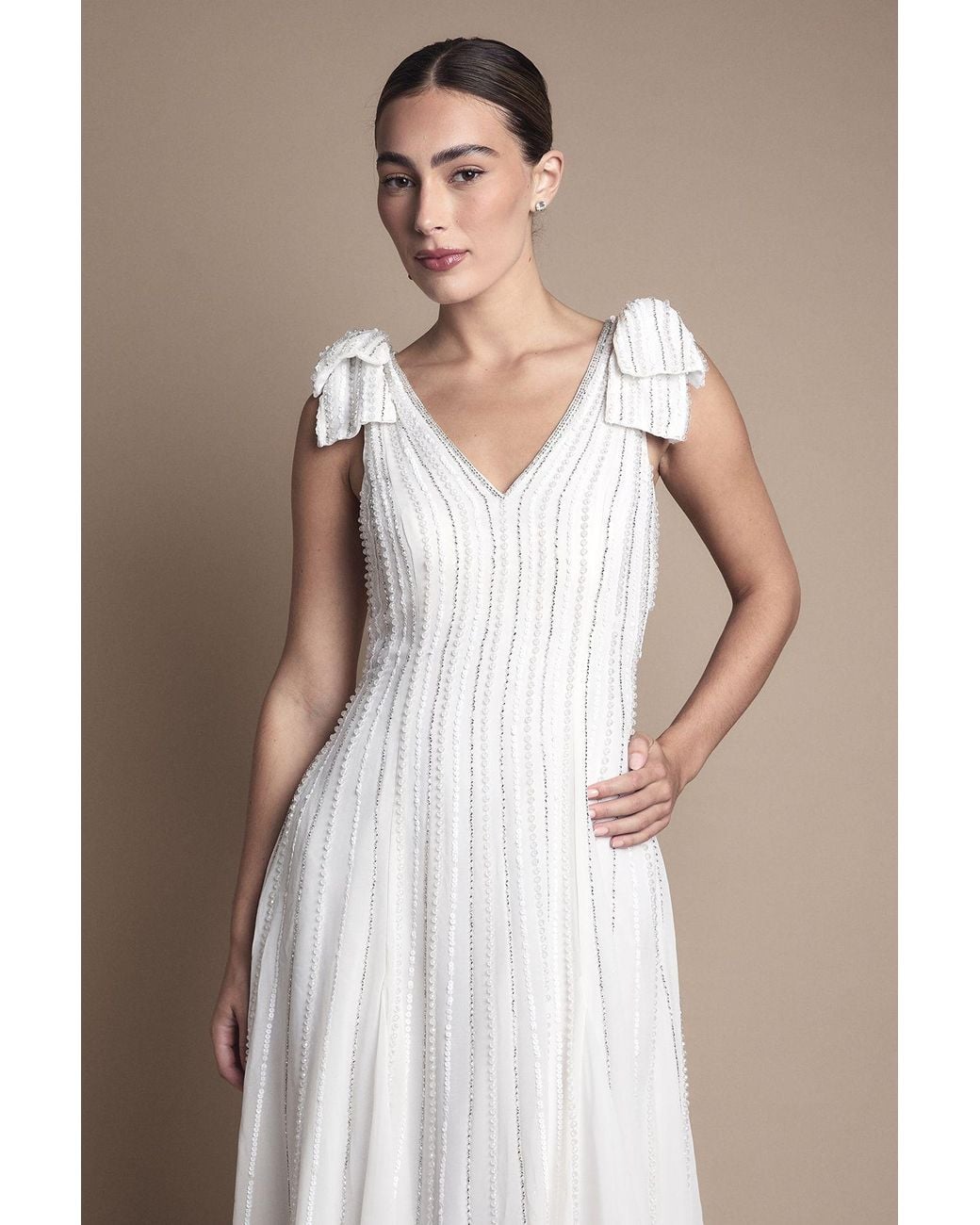 Coast Brown Bow Shoulder Embellished Midi Wedding Dress