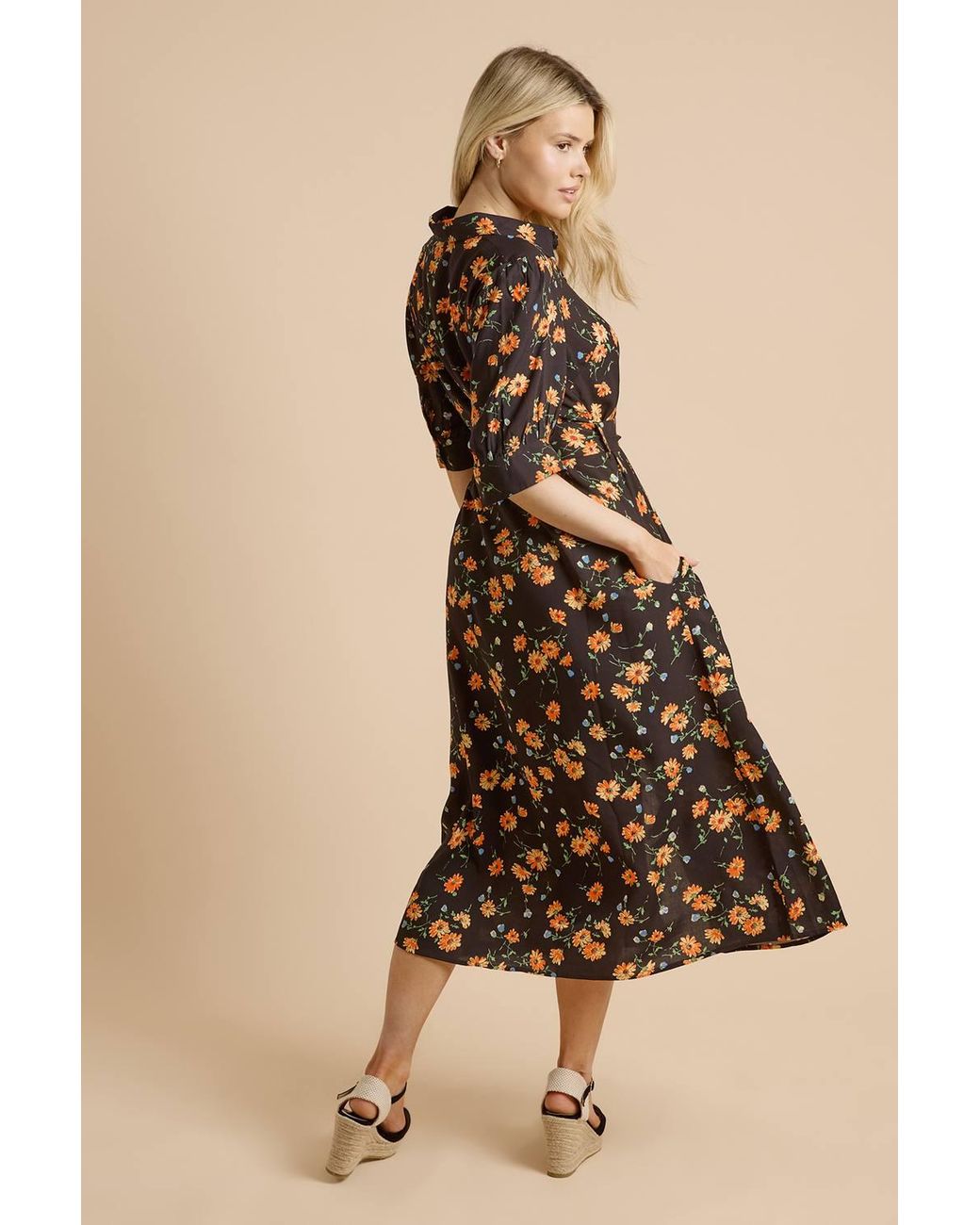 Dorothy Perkins Natural Floral Puff Sleeve Midi Shirt Dress