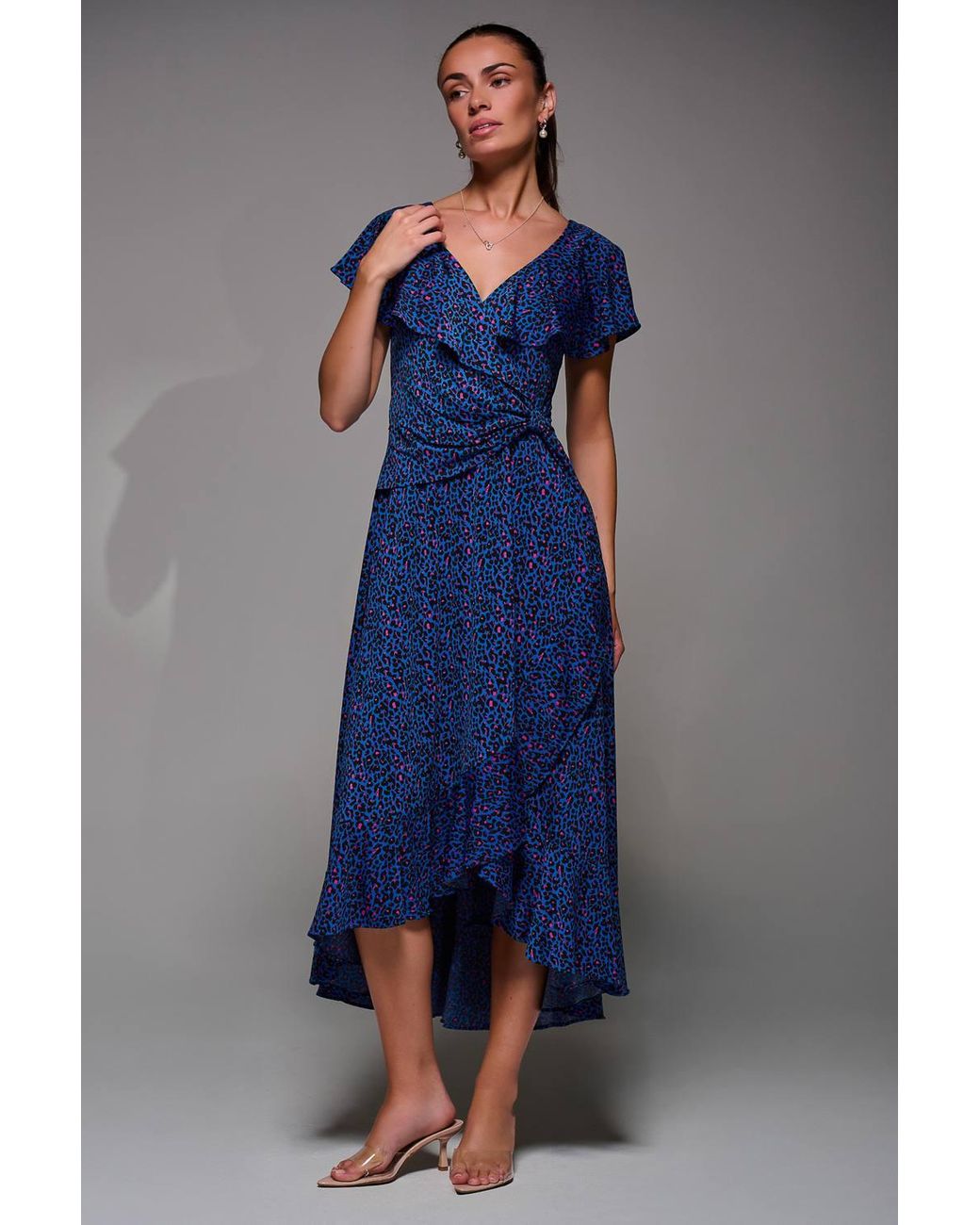 Jolie Moi Blue Animal Print Frill Maxi Dress