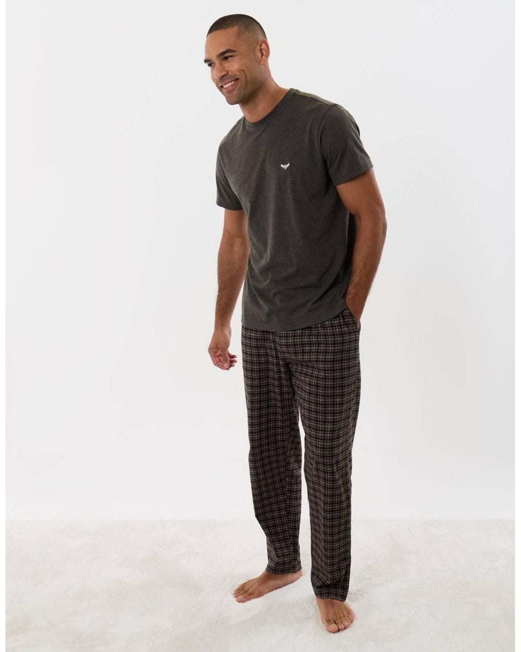 Threadbare Brown Cotton Rich T-Shirt & Trouser Pyjama Set for men