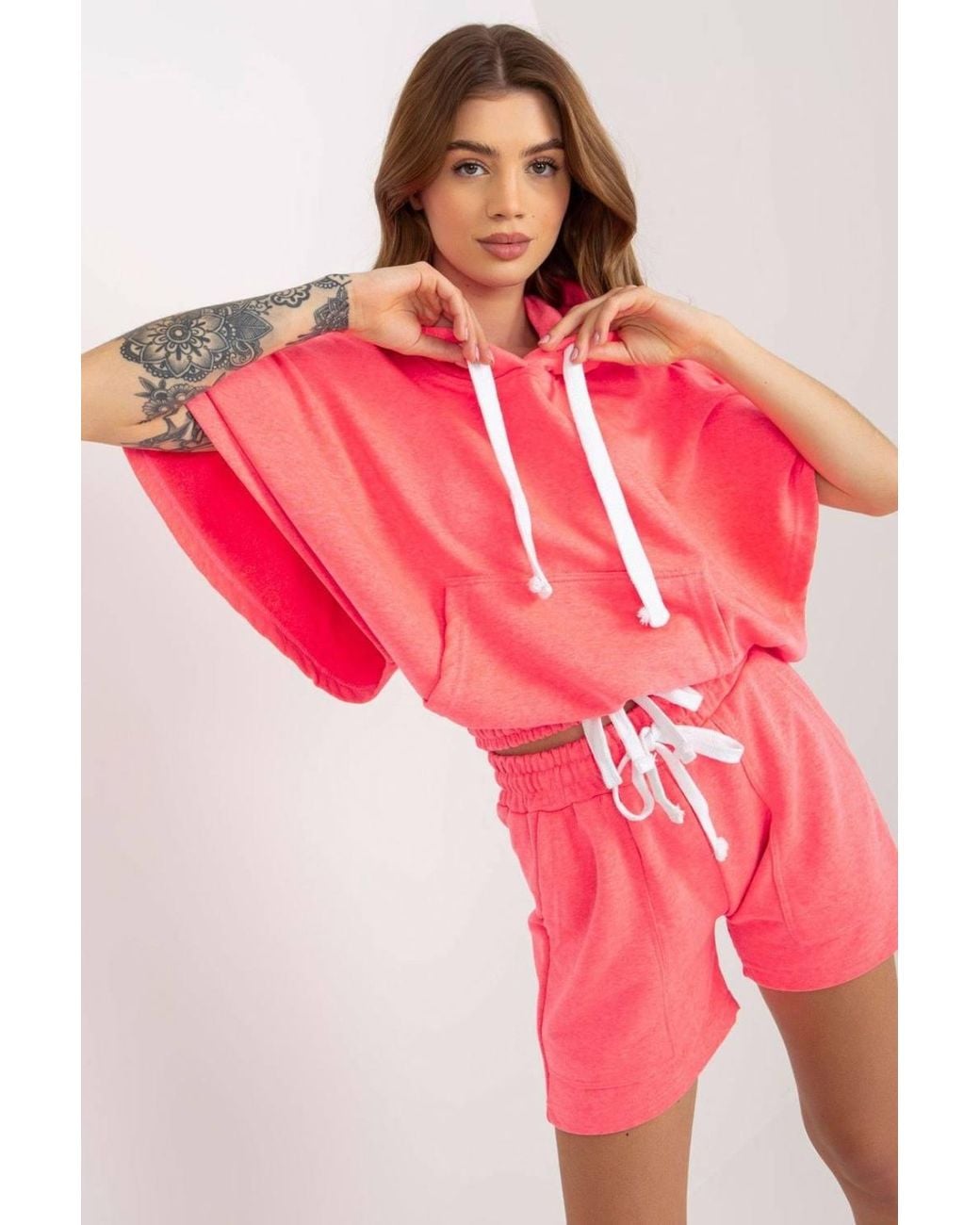 Love Lace Pink Hooded Blouse & Shorts Tracksuit Set