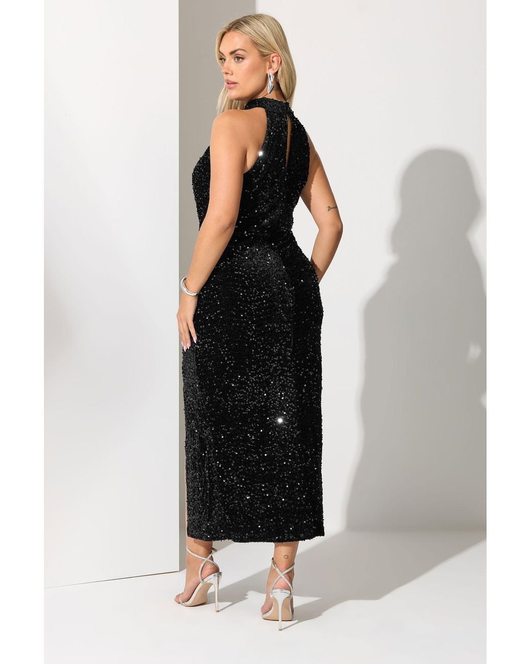Yours Black Velvet Sequin Halterneck Maxi Dress