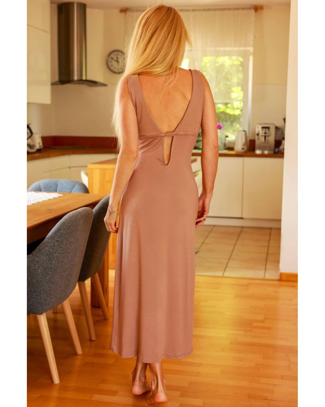 Love Lace Brown Long V Neck Ruched Viscose Dress