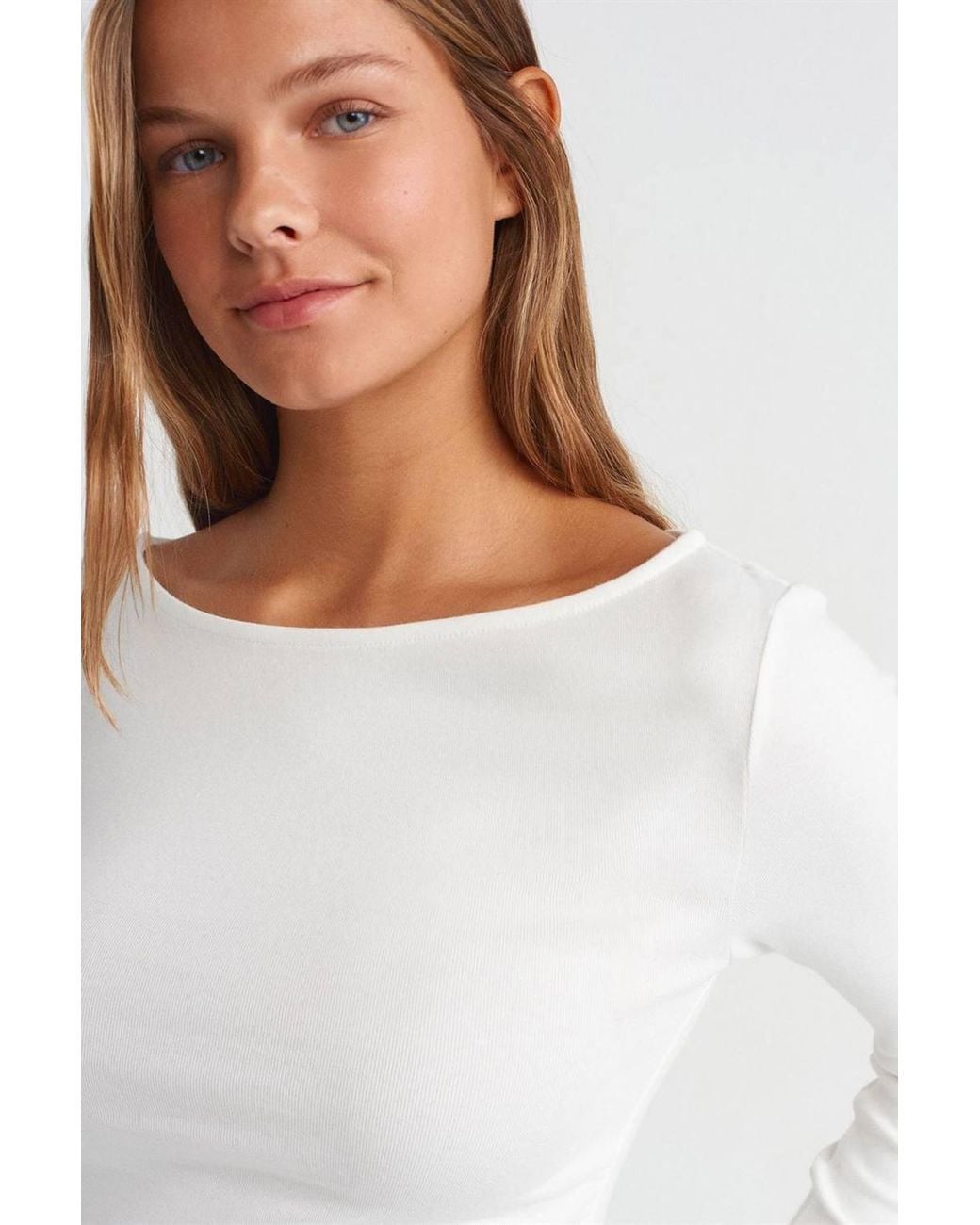 Dilvin White Slim Fit Ribbed Boat Neck Blouse