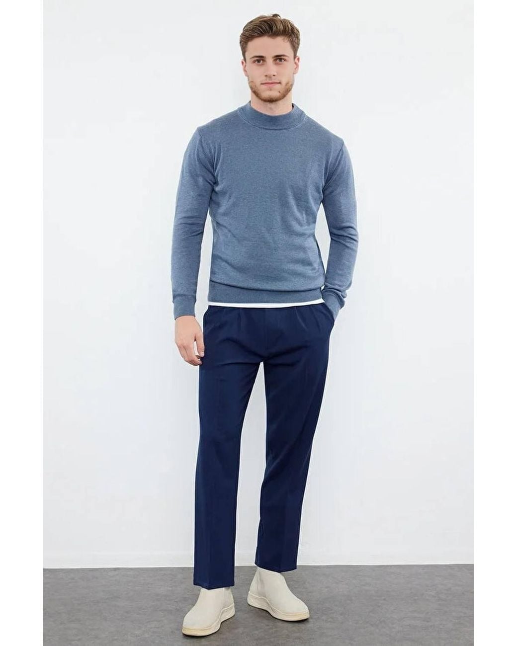WOVCOR Blue High Neck Knit Sweater for men
