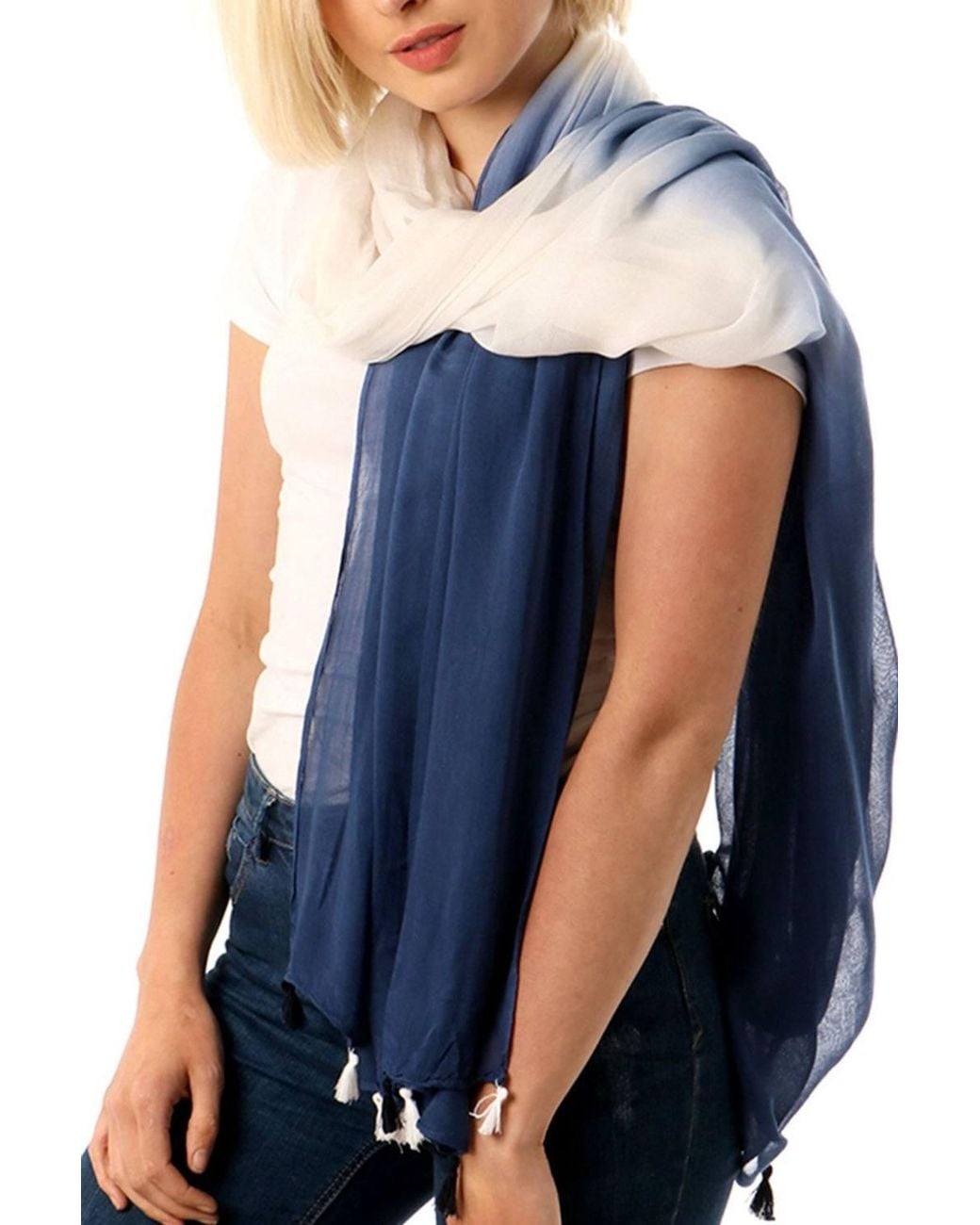 SARTA Blue Tie Dye Tasselled Lightweight Scarf
