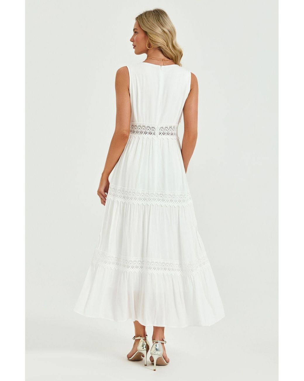 FS Collection White Lace Trim V-Neck Tiered Sleeveless Midi Dress