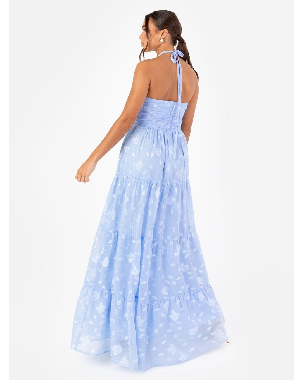 Maya Deluxe Blue Floral Self-Tie Halter Neck Maxi Dress