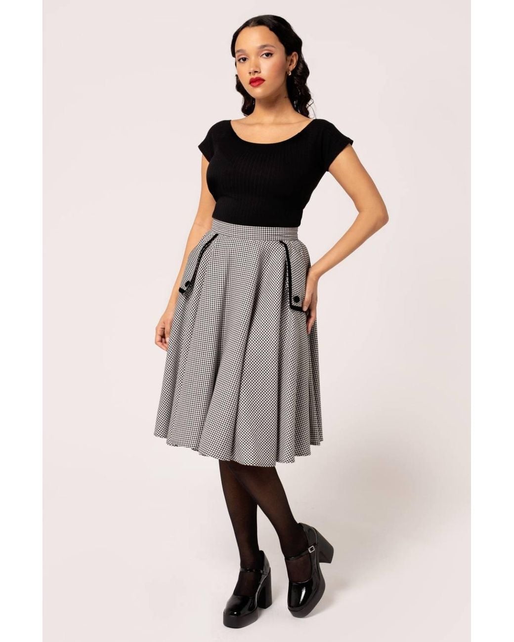 Hell Bunny Gray Teddy Houndstooth Midi Skirt With Velvet Trim Pocket Detail