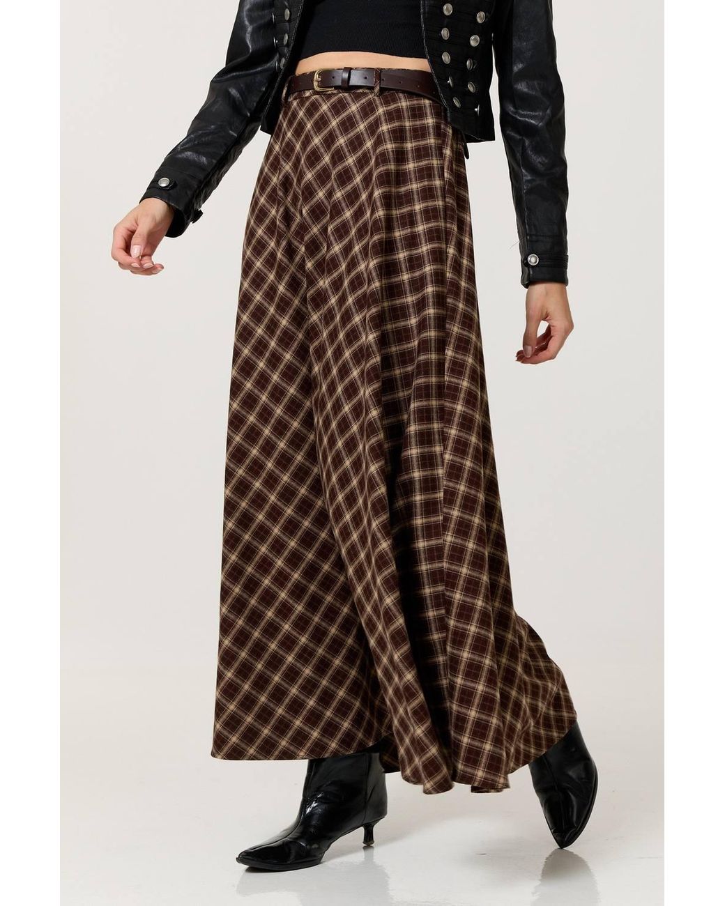 Liquorish Brown Check Belted Maxi Skirt