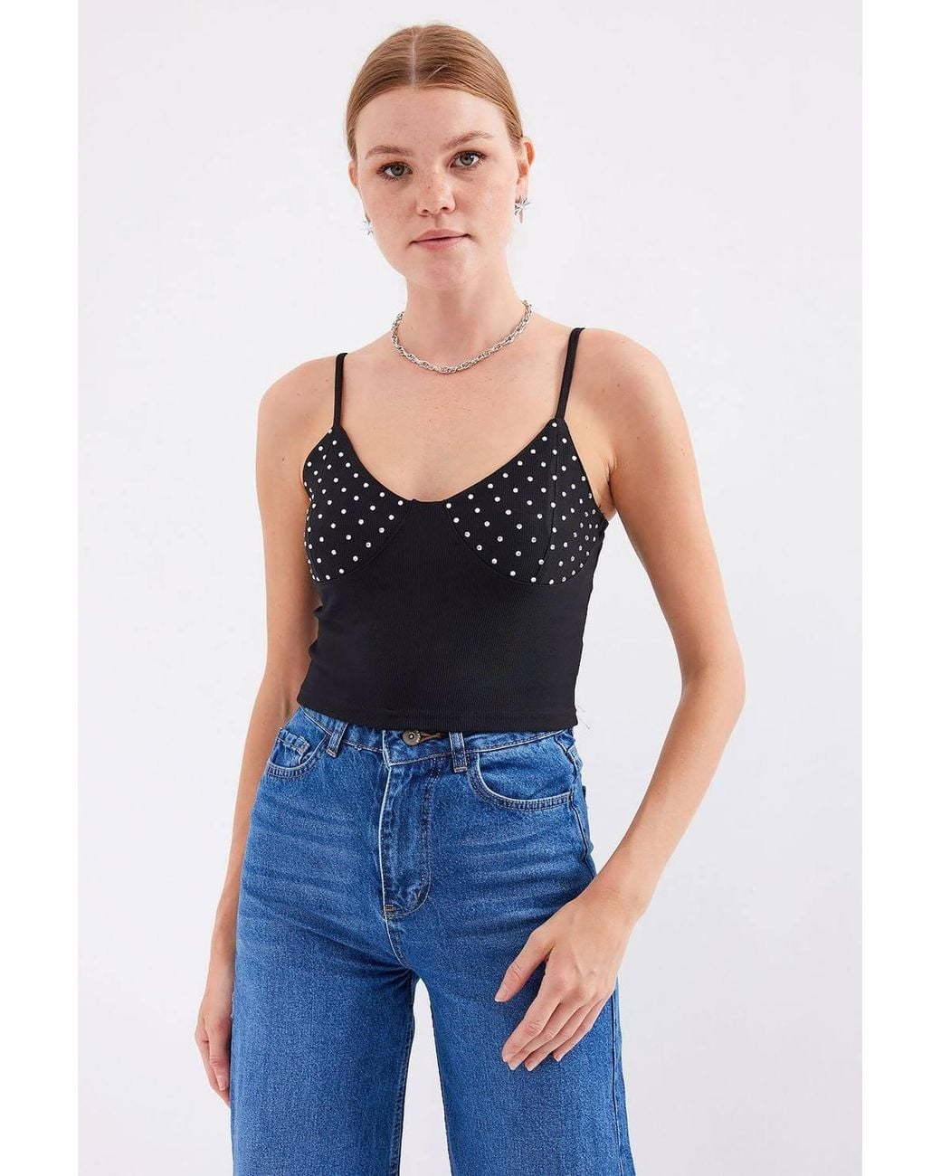 Bigdart Blue Stone Embellished Fitted Crop Top With V-Neck