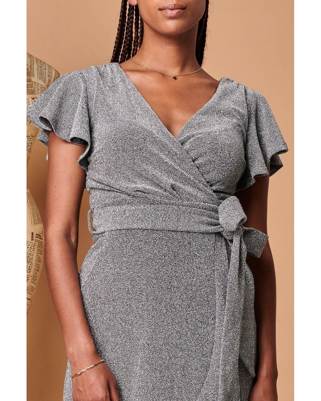Jolie Moi Brown Metallic Effect Ruffle Hem Maxi Dress