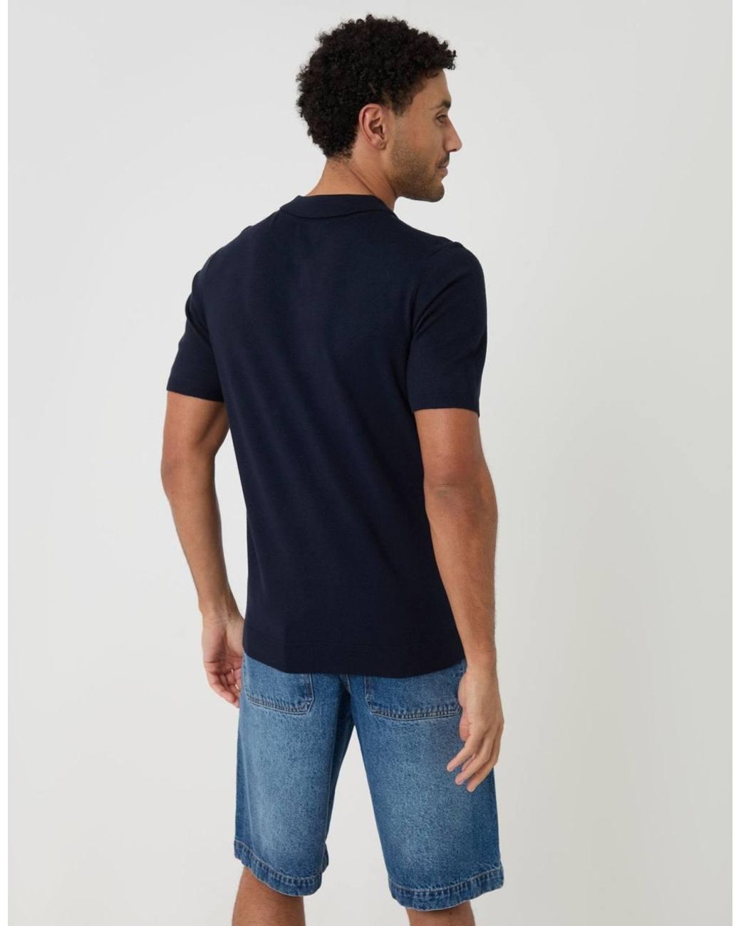 Threadbare Blue Quarter Zip Knitted Polo for men