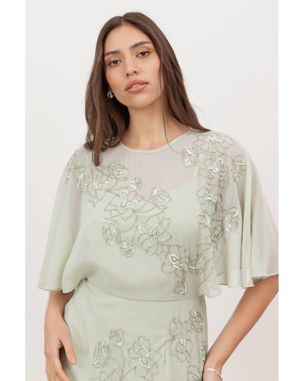 Maya Deluxe Natural Floral Embellished Angel Sleeve Maxi Dress