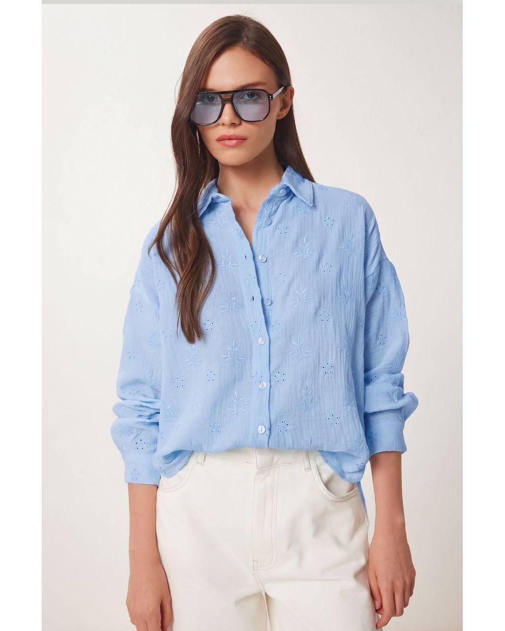 Happiness İstanbul Blue Textured Embroidered Long Sleeve Shirt With Button Closure