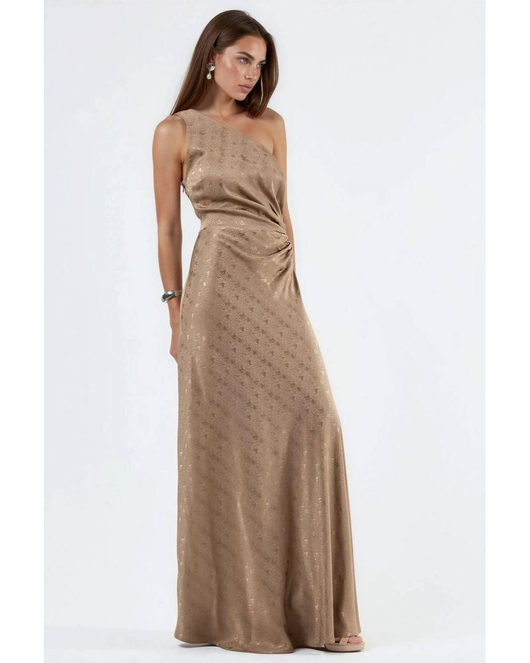 Hiccup Brown Patterned One-Shoulder Satin Dress With Cut-Out Detail